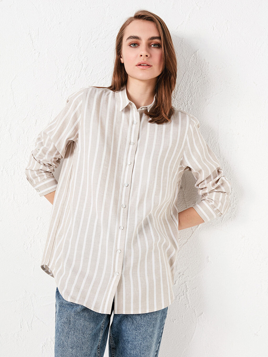 Striped Long Sleeve Poplin Women's Shirt-1