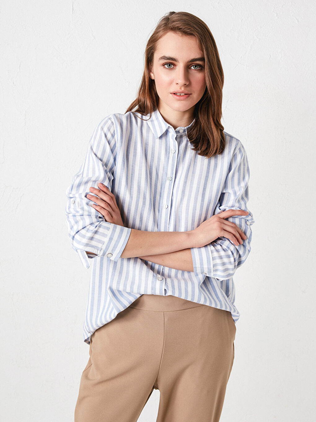 Chemise Rayée à Manches Longues en Popeline pour Femmes-1