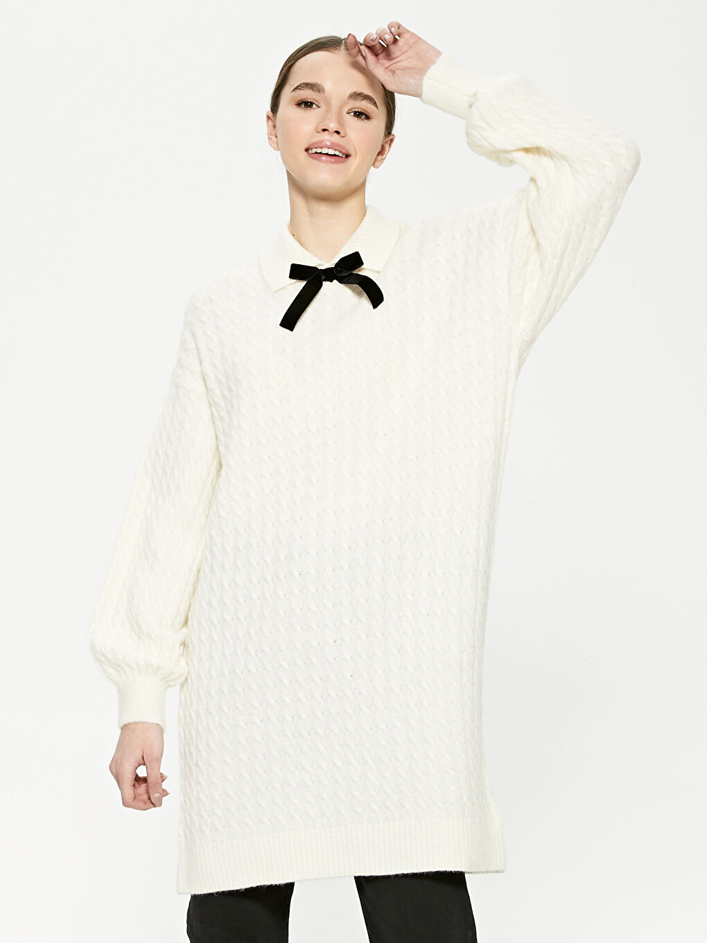 Polo Neck Self Patterned Knitwear Tunic-2