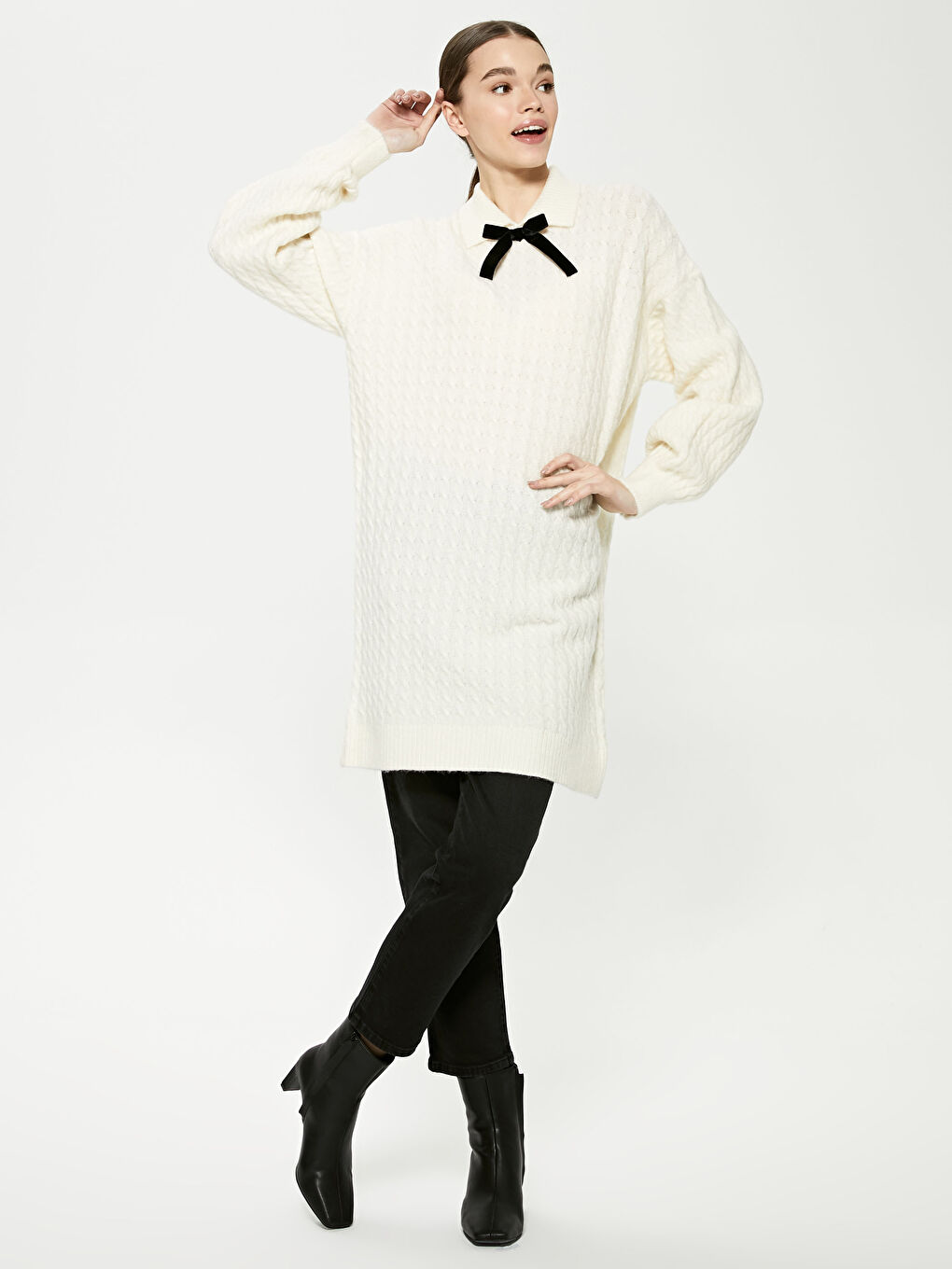 Polo Neck Self Patterned Knitwear Tunic-1