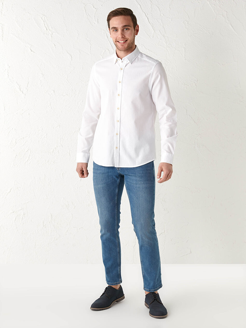 Beyaz Slim Fit Uzun Kollu Armürlü Erkek Gömlek-2