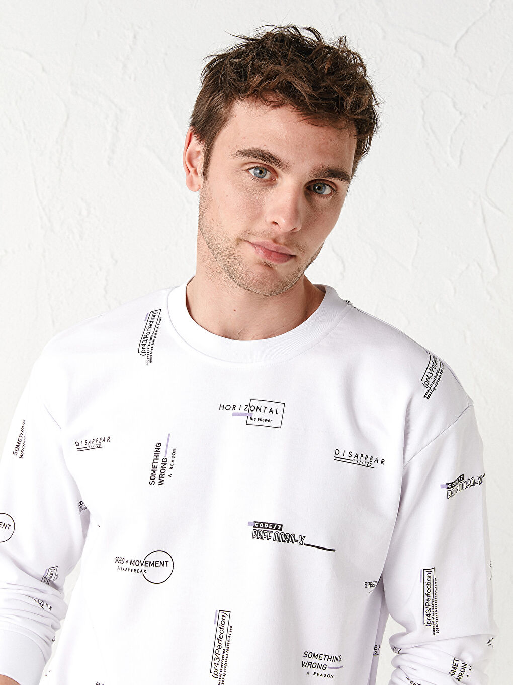 Beyaz Bisiklet Yaka Uzun Kollu Desenli Erkek Sweatshirt-2