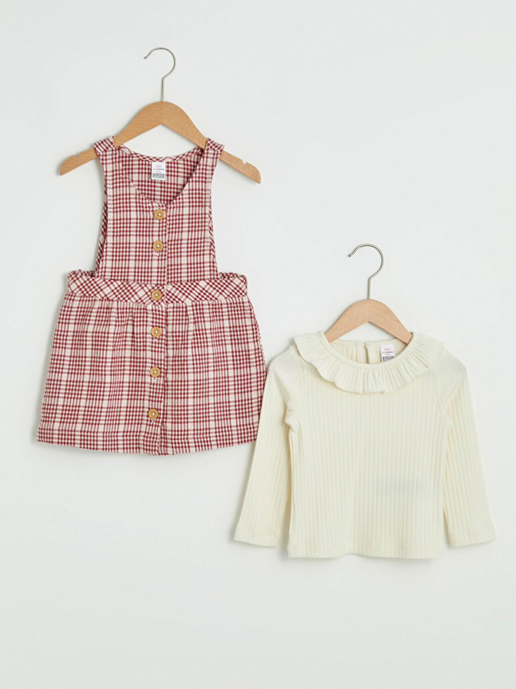 Ekru Bisiklet Yaka Uzun Kol Kız Bebek Tişört ve Ekose Elbise 2'li Takım