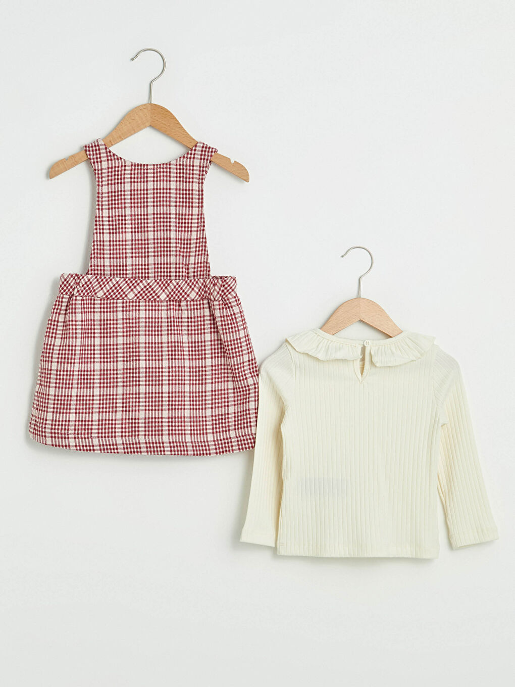 Ekru Bisiklet Yaka Uzun Kol Kız Bebek Tişört ve Ekose Elbise 2'li Takım-1