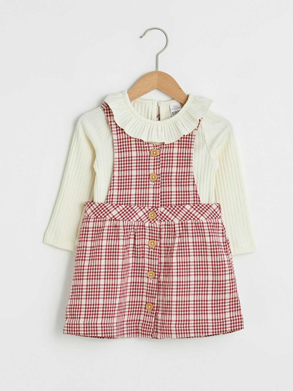 Ekru Bisiklet Yaka Uzun Kol Kız Bebek Tişört ve Ekose Elbise 2'li Takım-2