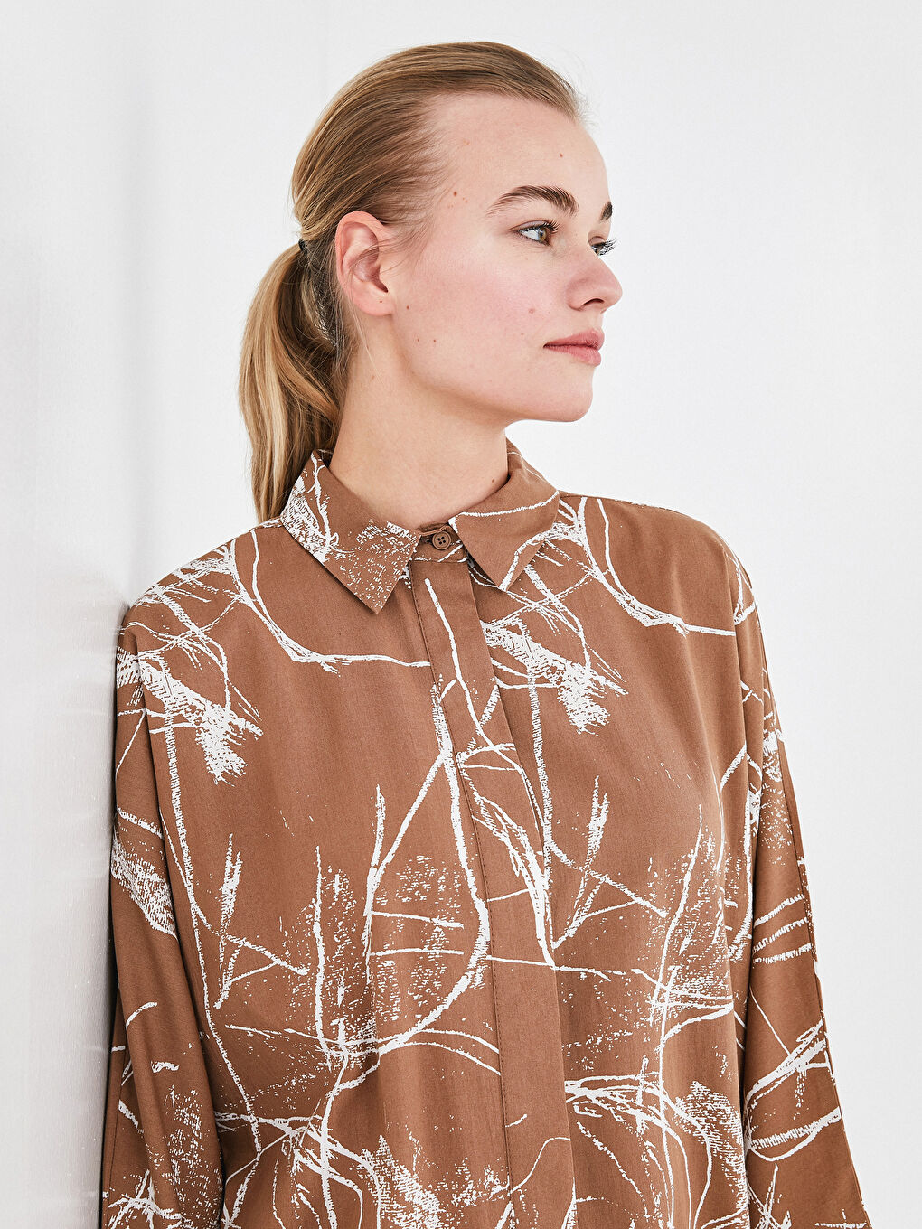 Bej Desenli Uzun Kollu Belmando Kadın Gömlek Tunik-2