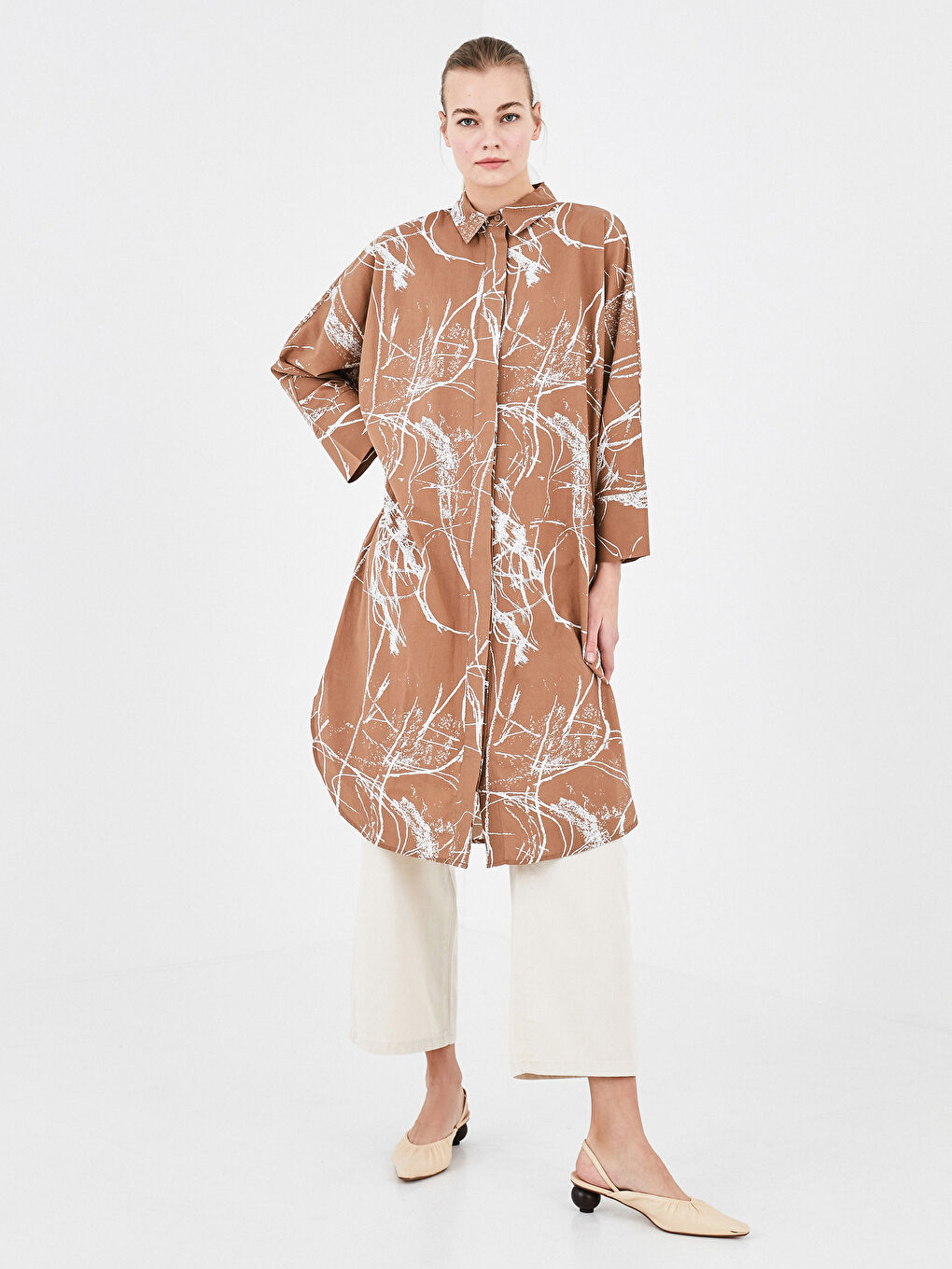 Bej Desenli Uzun Kollu Belmando Kadın Gömlek Tunik-4