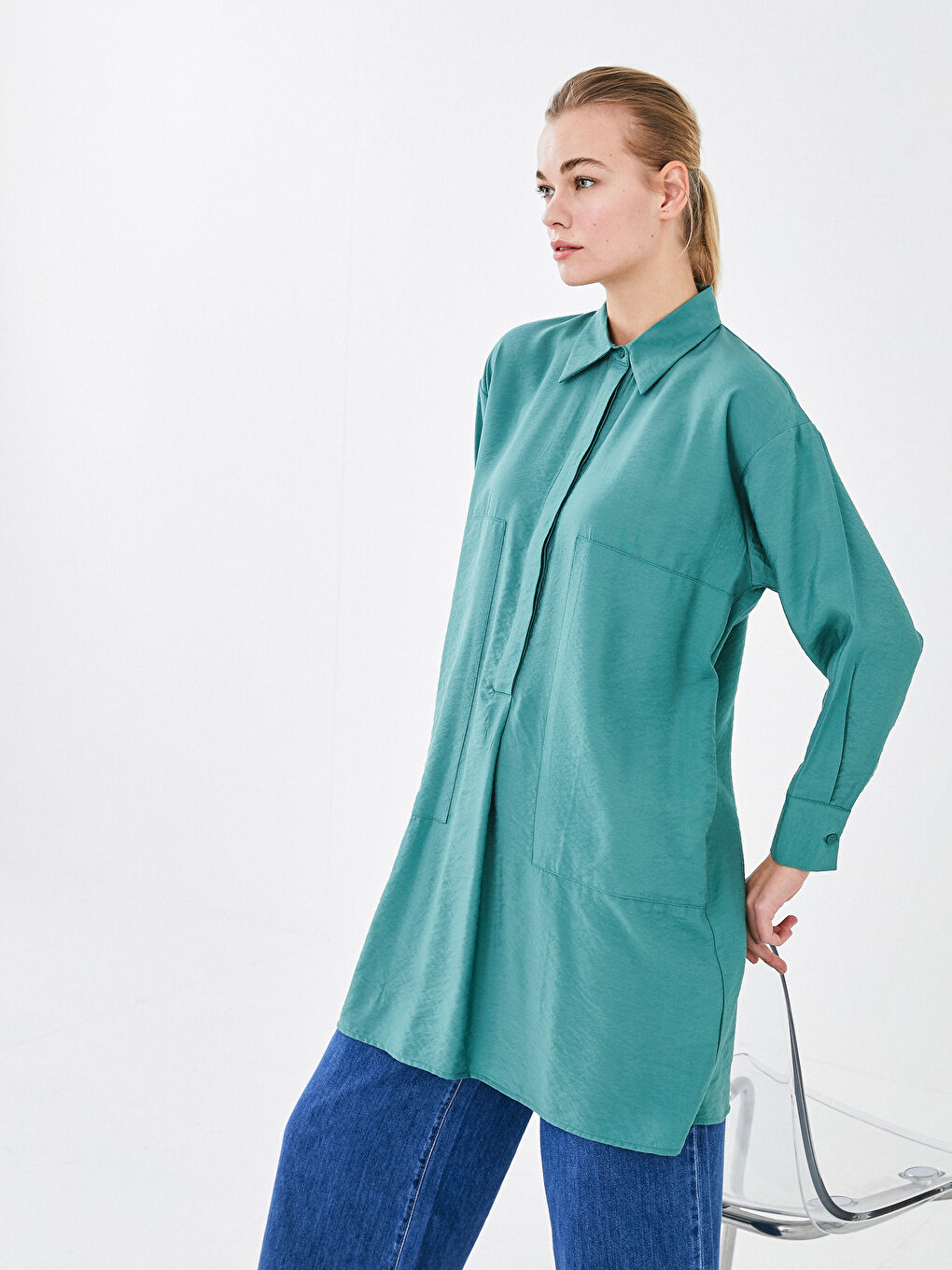 LCW Modest Plain Long Sleeve Oversize Women's Shirt Tunic -S1CK15Z8-RKG