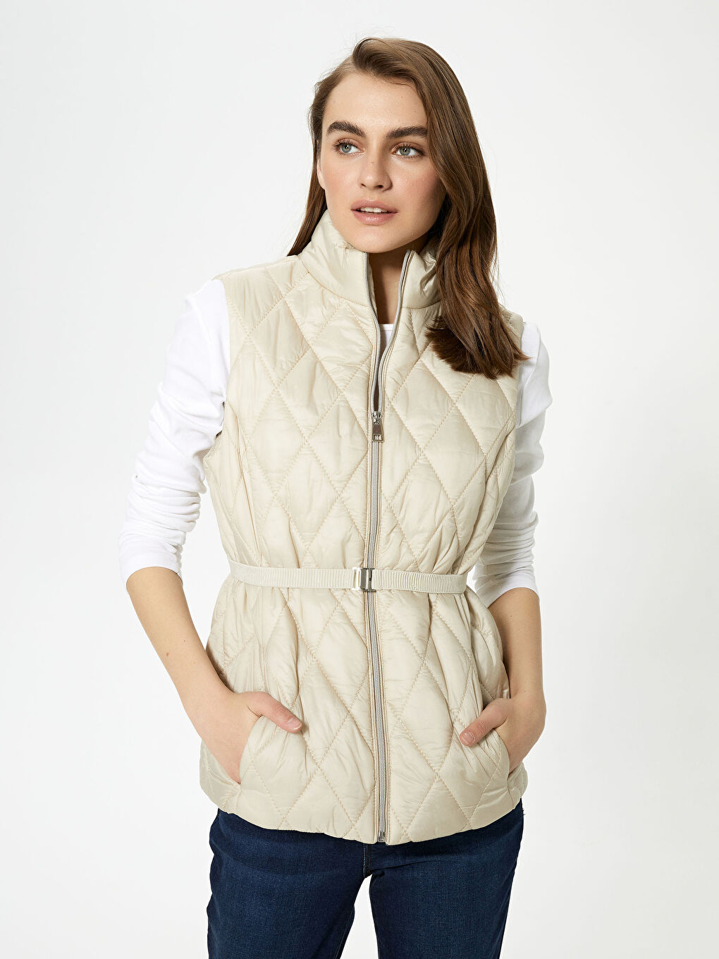 High Neck Zipper Closure Waist Belt Female Vest