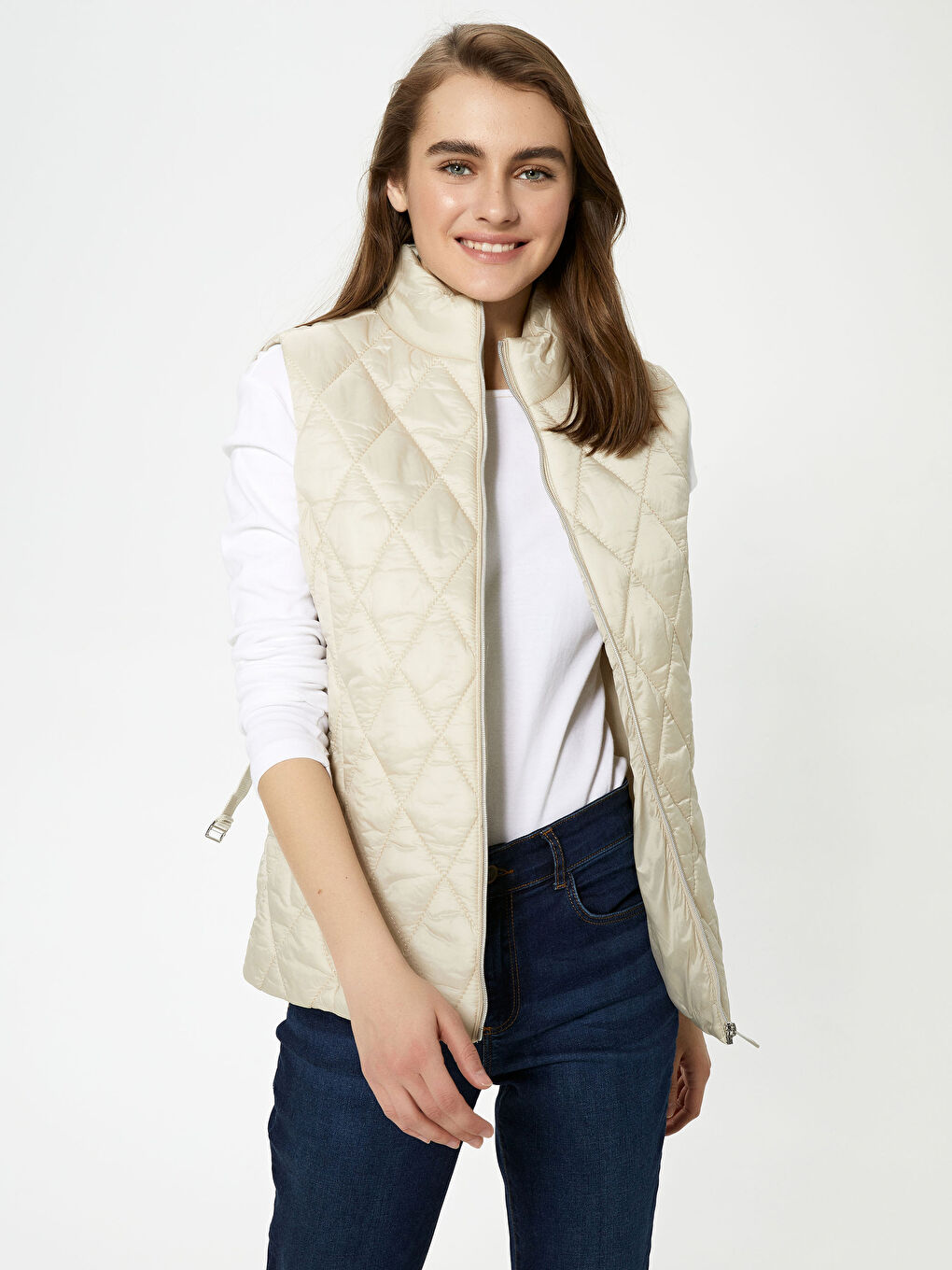 High Neck Zipper Closure Waist Belt Female Vest-1