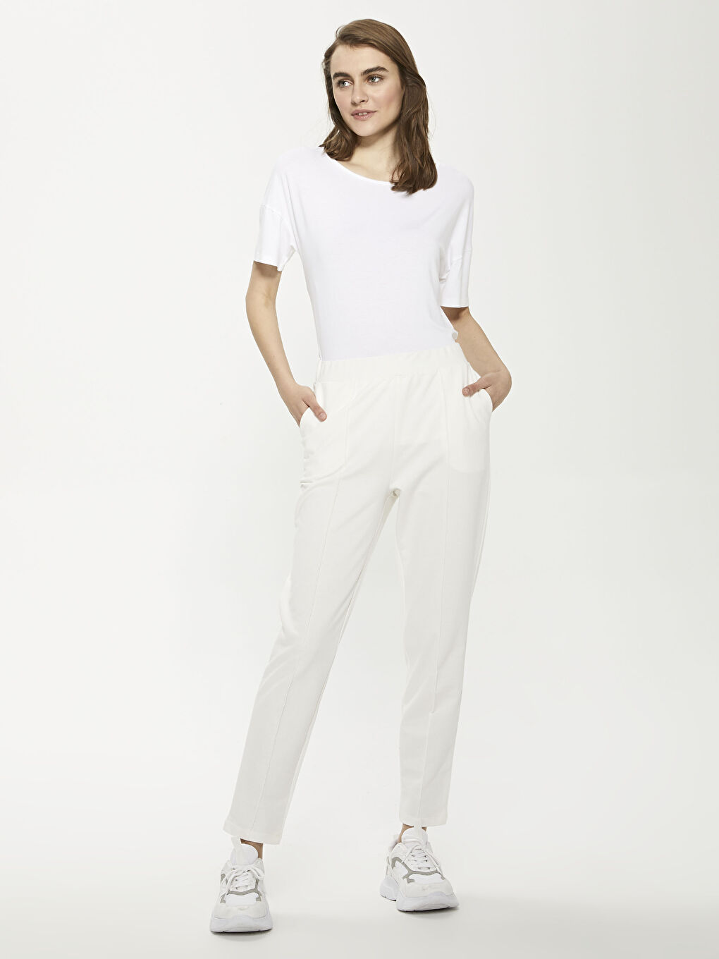 Ekru Beli Lastikli Kadın Eşofman Alt-6