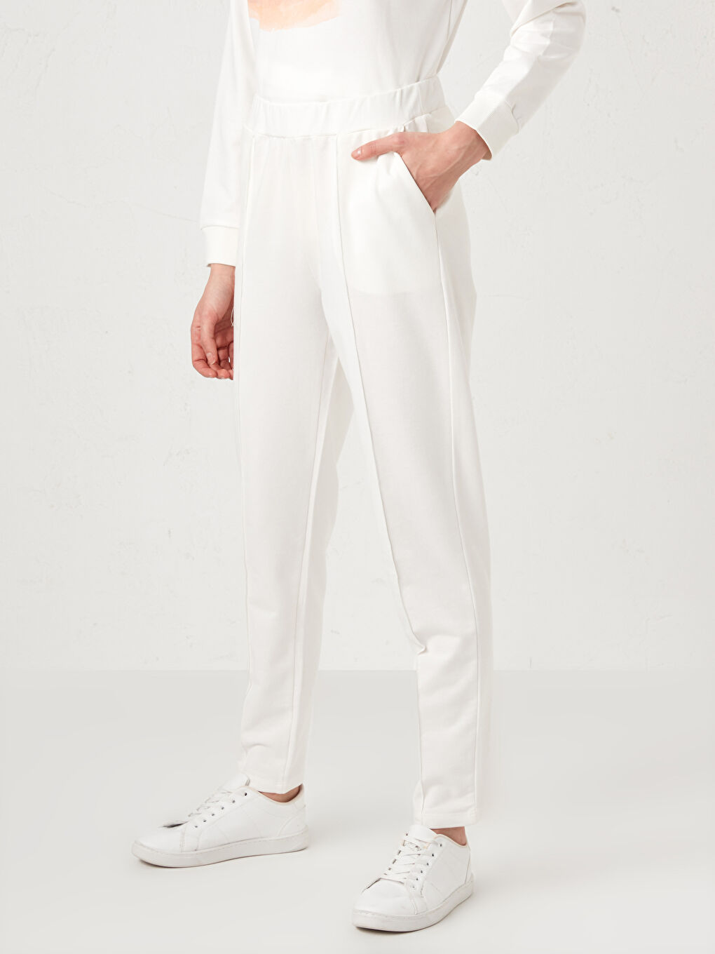 Ekru Beli Lastikli Kadın Eşofman Alt-4