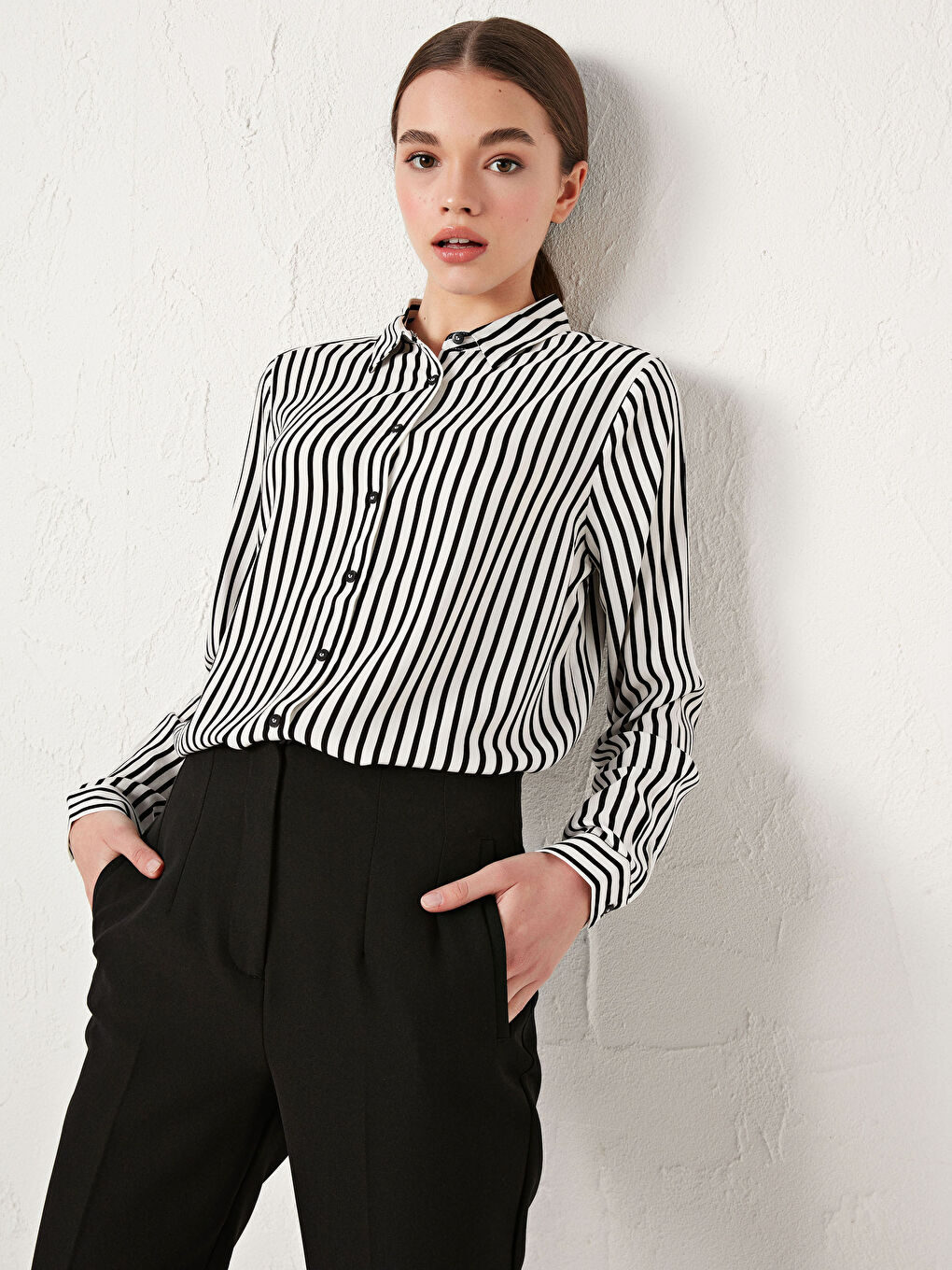 Chemise Femme à Rayures en Viscose à Manches Longues-1