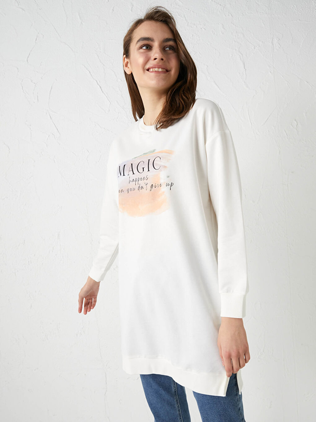 Ekru Bisiklet Yaka Baskılı Uzun Kollu Kadın Sweatshirt Tunik-7