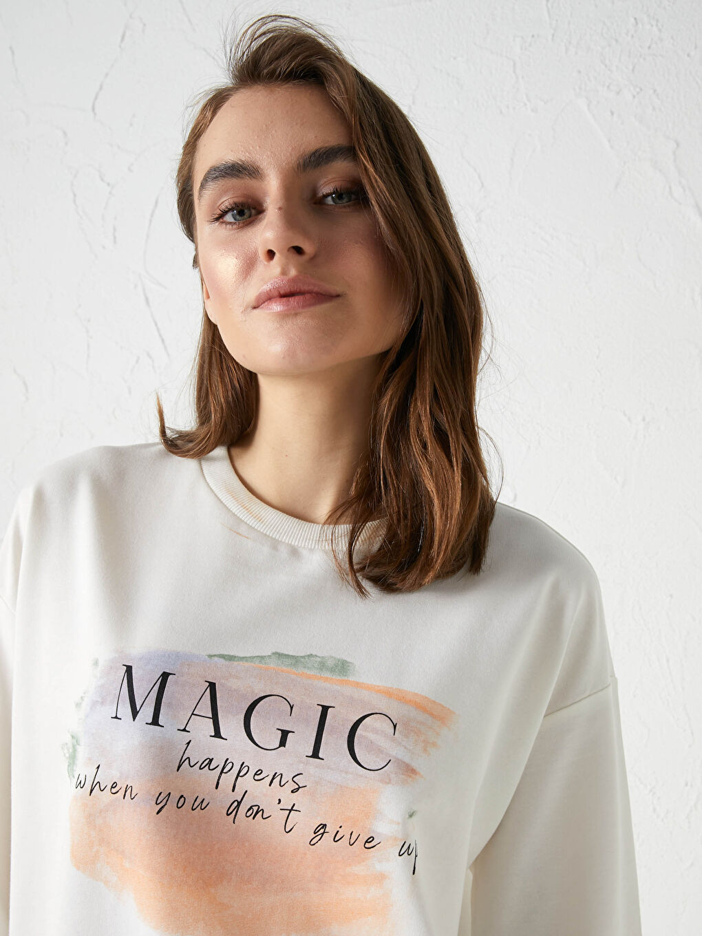 Ekru Bisiklet Yaka Baskılı Uzun Kollu Kadın Sweatshirt Tunik-8