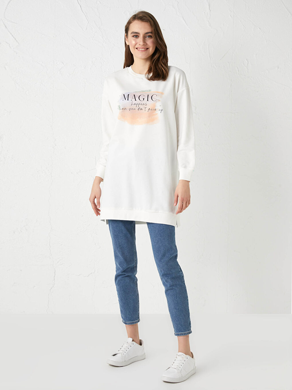 Ekru Bisiklet Yaka Baskılı Uzun Kollu Kadın Sweatshirt Tunik-9