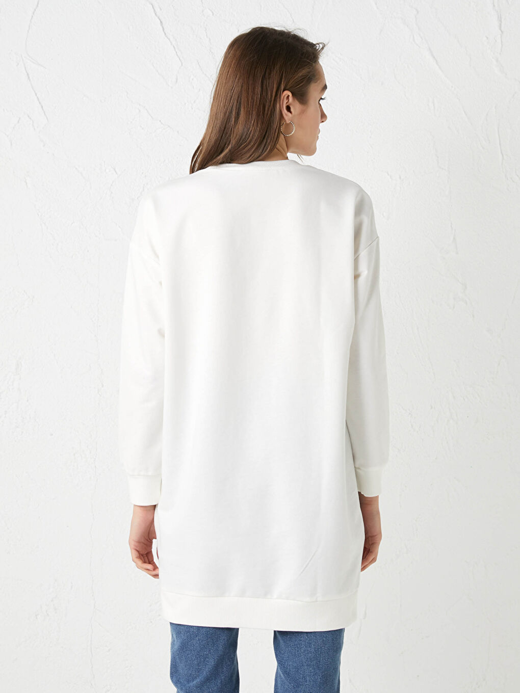 Ekru Bisiklet Yaka Baskılı Uzun Kollu Kadın Sweatshirt Tunik-10