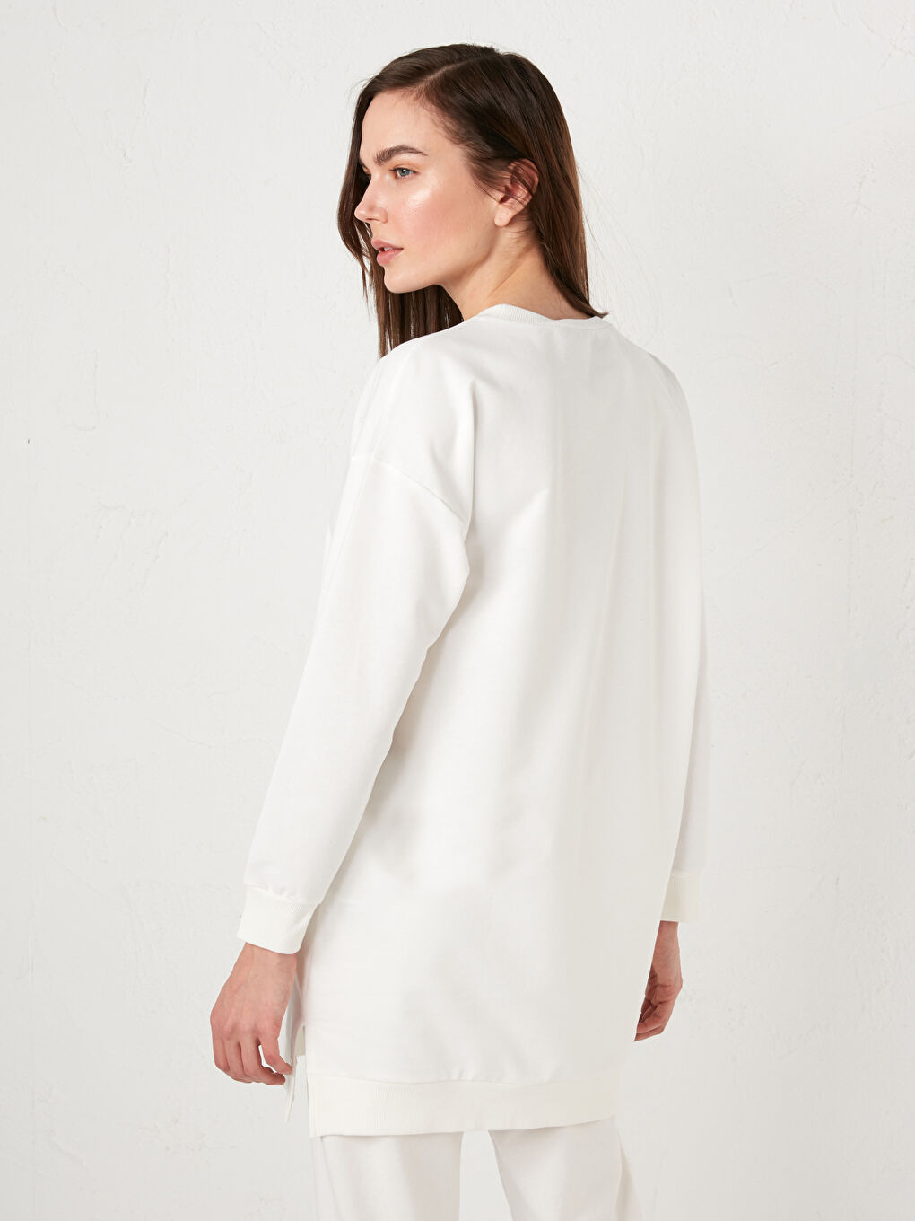 Ekru Bisiklet Yaka Baskılı Uzun Kollu Kadın Sweatshirt Tunik-6