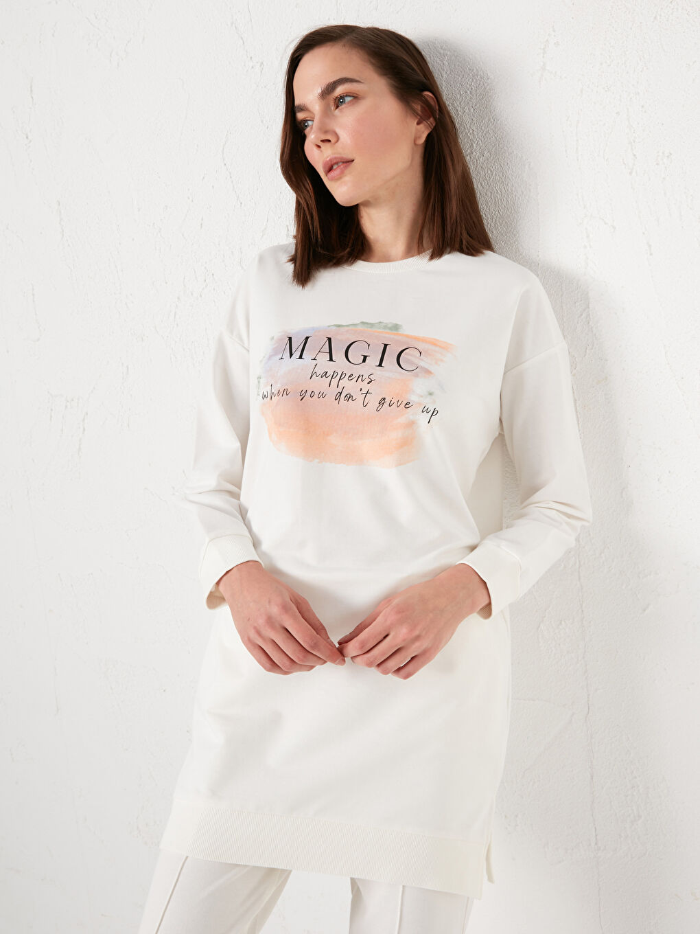 Ekru Bisiklet Yaka Baskılı Uzun Kollu Kadın Sweatshirt Tunik-2