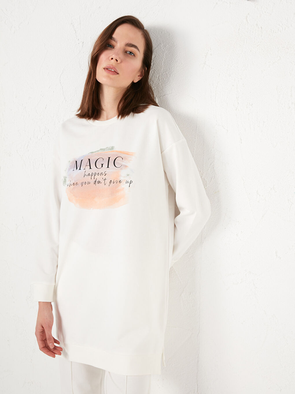 Ekru Bisiklet Yaka Baskılı Uzun Kollu Kadın Sweatshirt Tunik-3