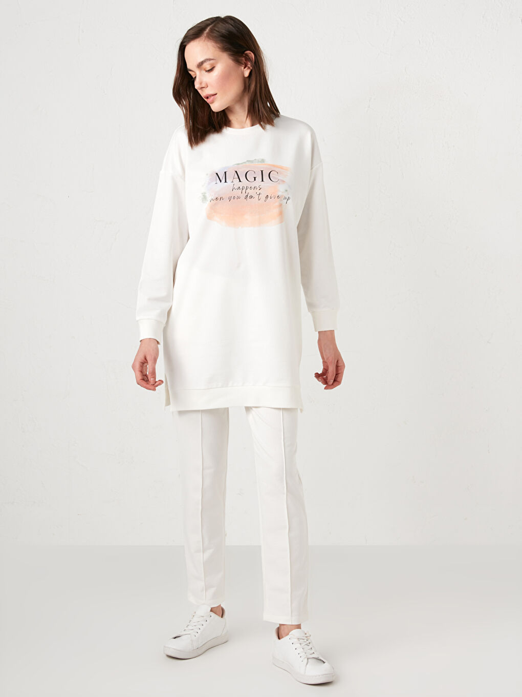 Ekru Bisiklet Yaka Baskılı Uzun Kollu Kadın Sweatshirt Tunik-5