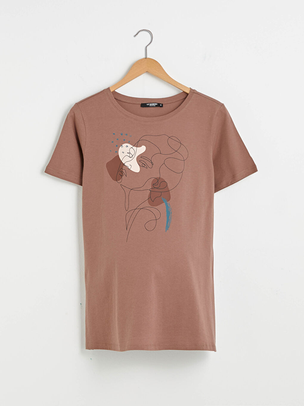 Kahverengi Bisiklet Yaka Baskılı Kısa Kollu Hamile Tişört-4