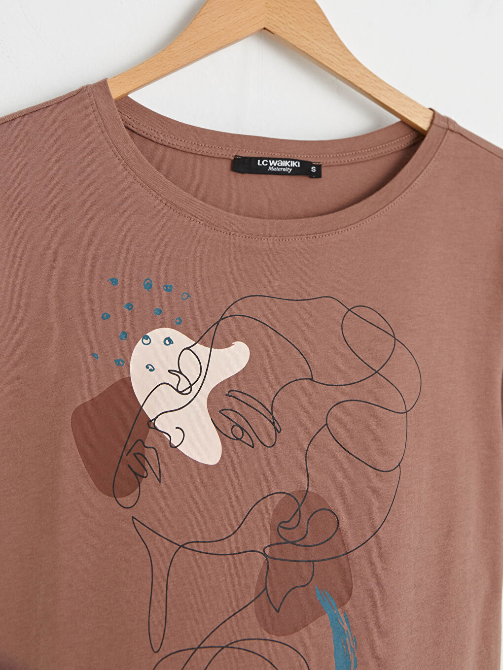 Kahverengi Bisiklet Yaka Baskılı Kısa Kollu Hamile Tişört-6