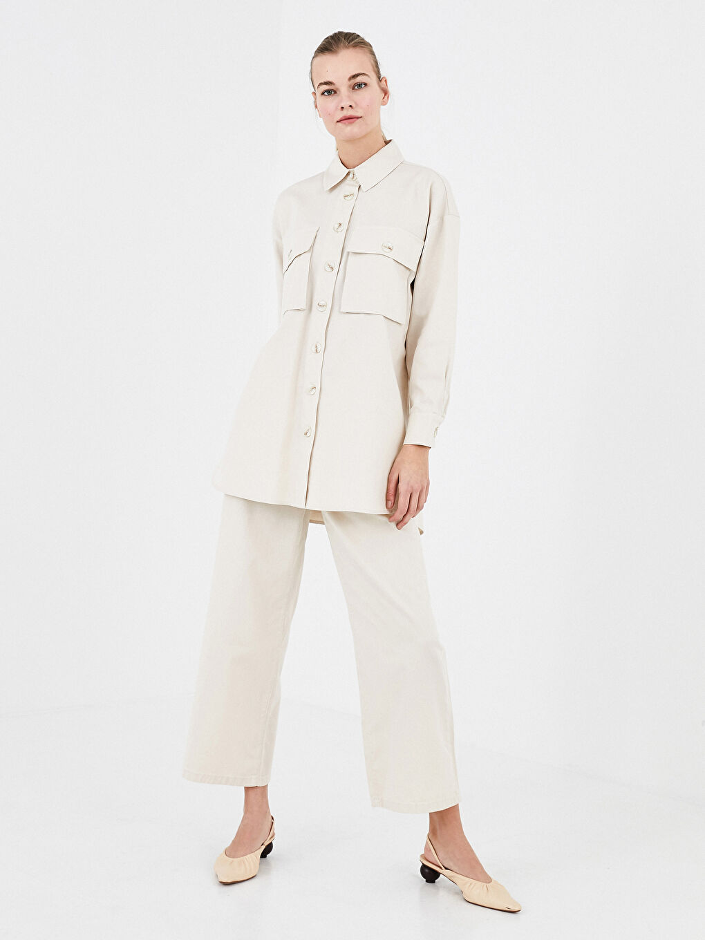 Bej Standart Fit Geniş Paça Kadın Pantolon-4