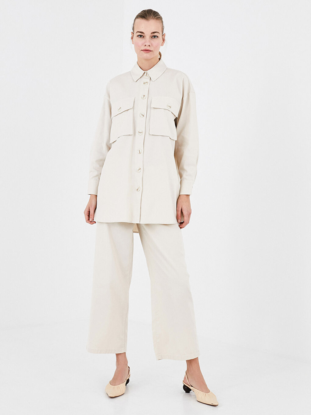 Bej Standart Fit Geniş Paça Kadın Pantolon-1