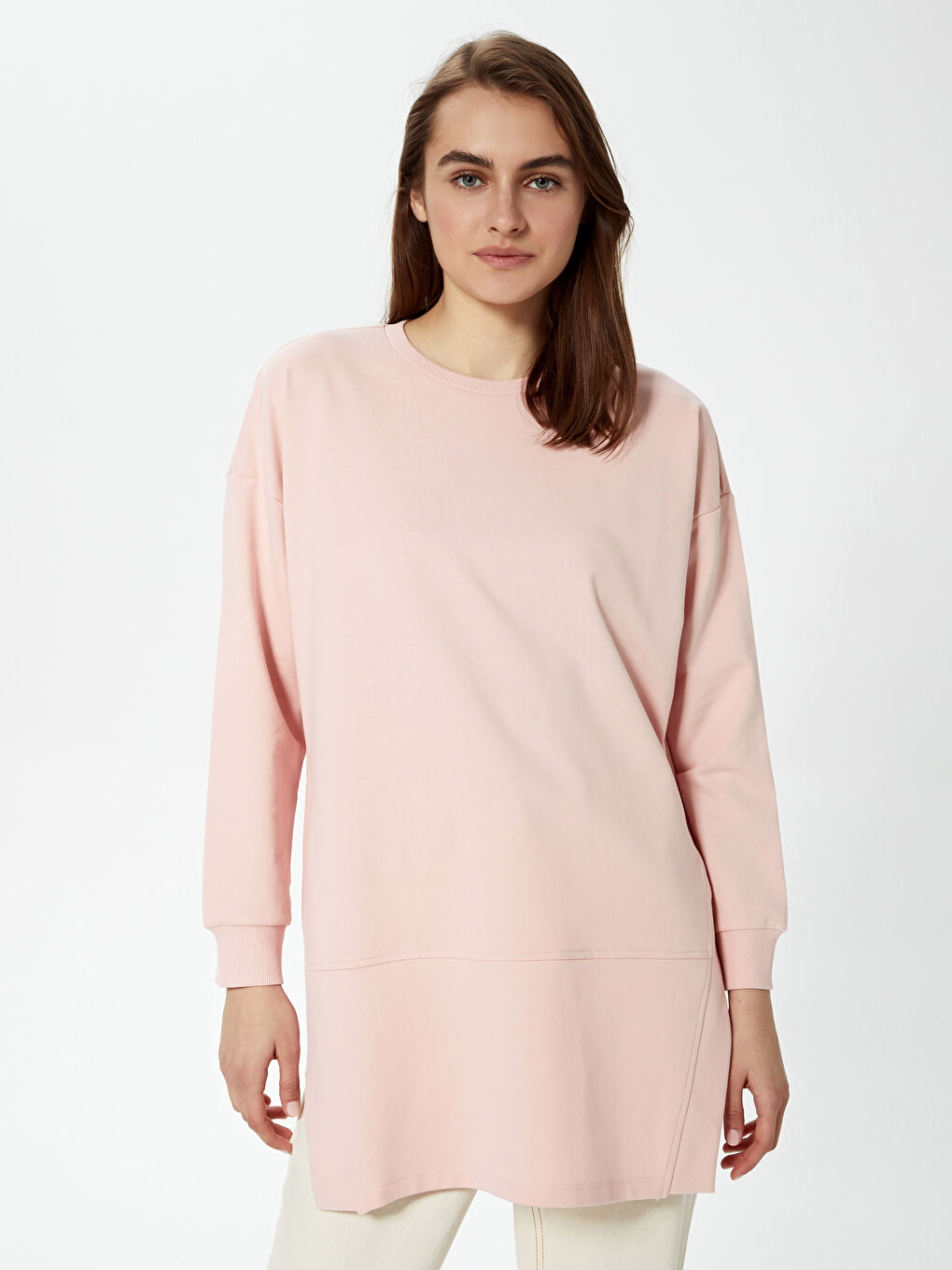 Pembe Bisiklet Yaka Düz Uzun Kollu Kadın Sweatshirt Tunik-6