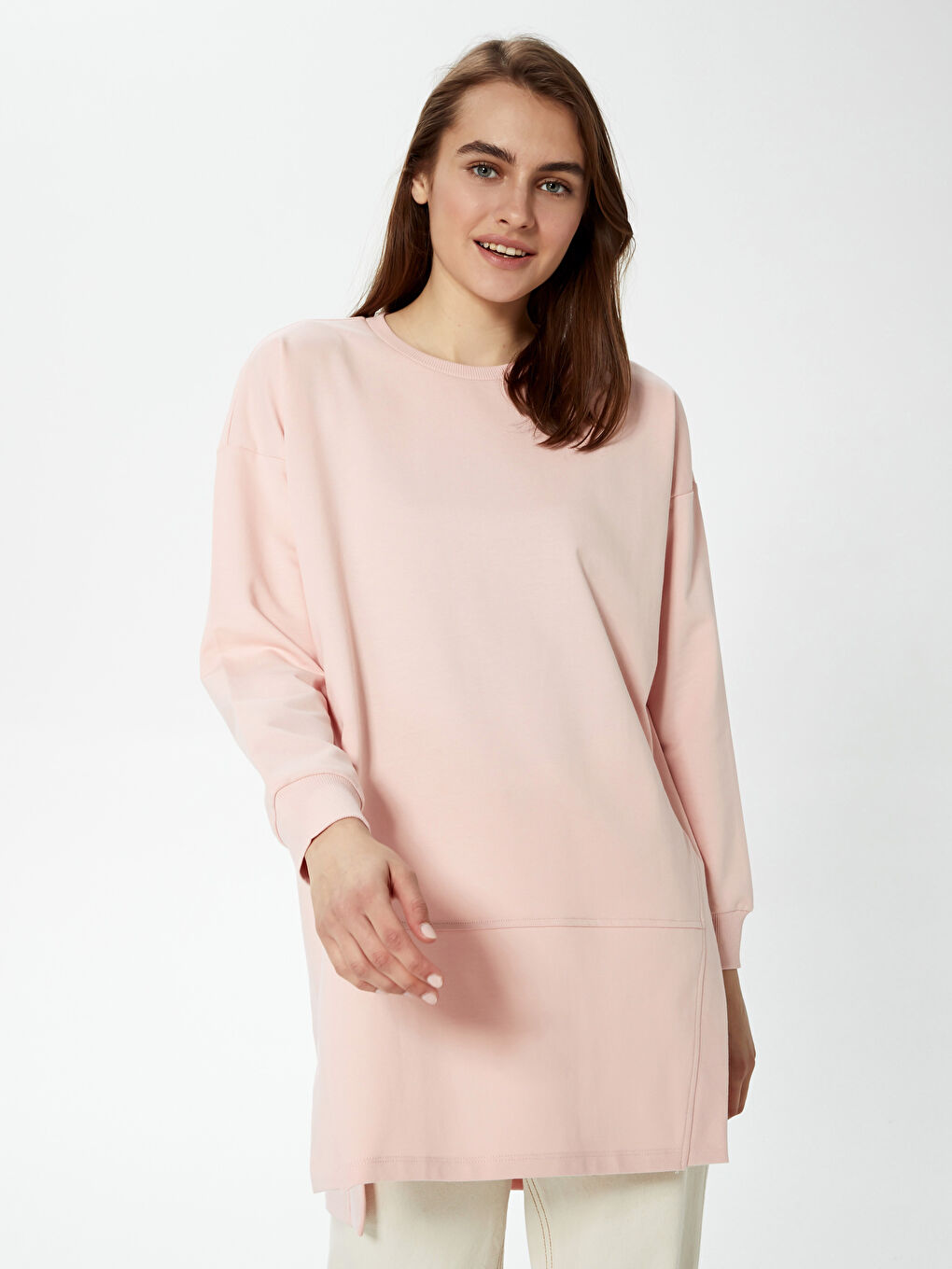 Pembe Bisiklet Yaka Düz Uzun Kollu Kadın Sweatshirt Tunik-7