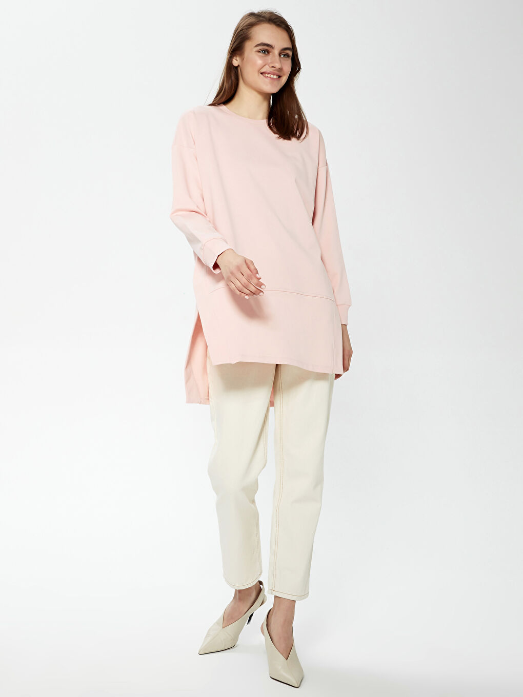 Pembe Bisiklet Yaka Düz Uzun Kollu Kadın Sweatshirt Tunik-8