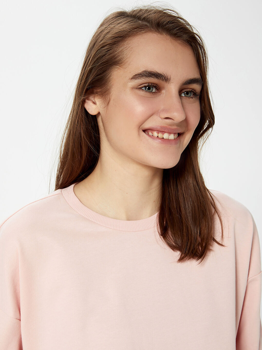 Pembe Bisiklet Yaka Düz Uzun Kollu Kadın Sweatshirt Tunik-9