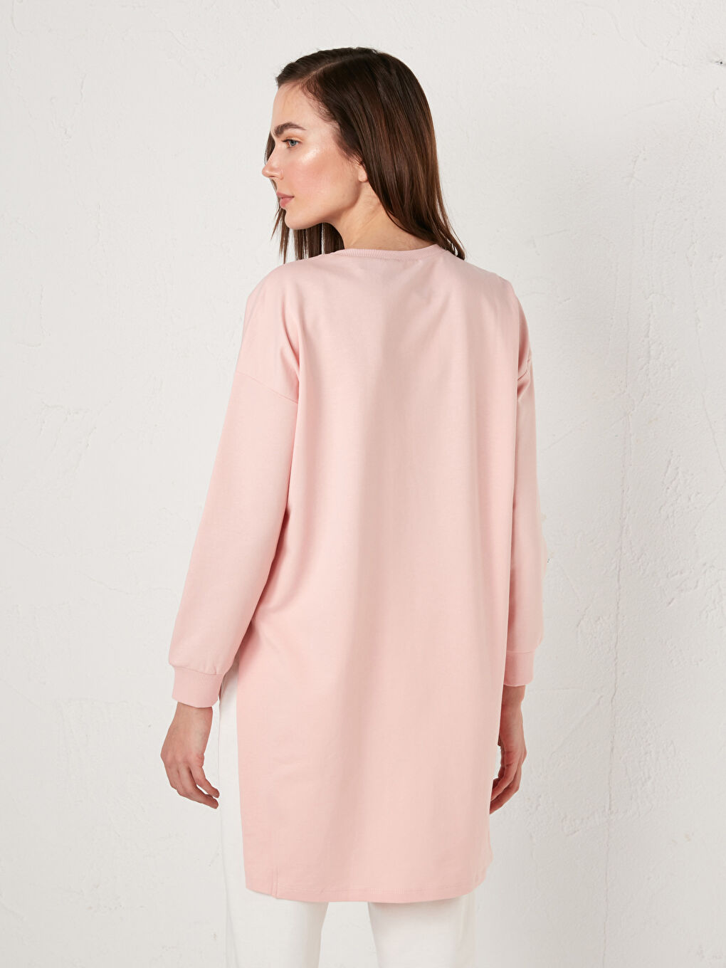 Pembe Bisiklet Yaka Düz Uzun Kollu Kadın Sweatshirt Tunik-5