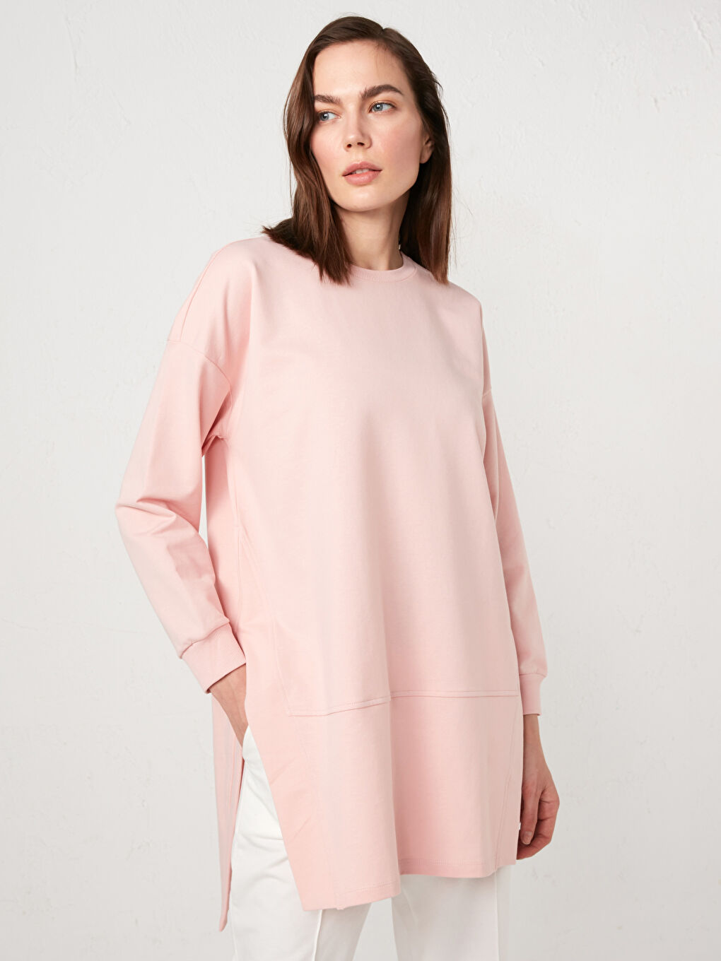 Pembe Bisiklet Yaka Düz Uzun Kollu Kadın Sweatshirt Tunik