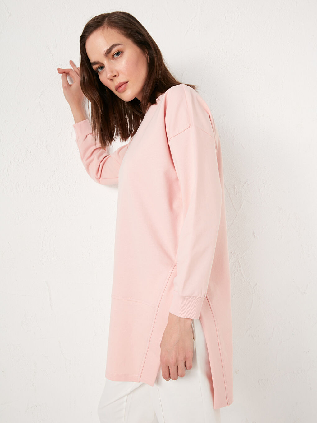 Pembe Bisiklet Yaka Düz Uzun Kollu Kadın Sweatshirt Tunik-1