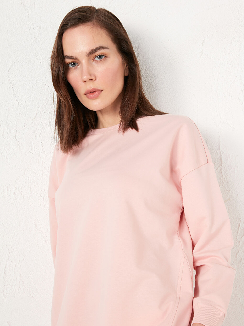 Pembe Bisiklet Yaka Düz Uzun Kollu Kadın Sweatshirt Tunik-2