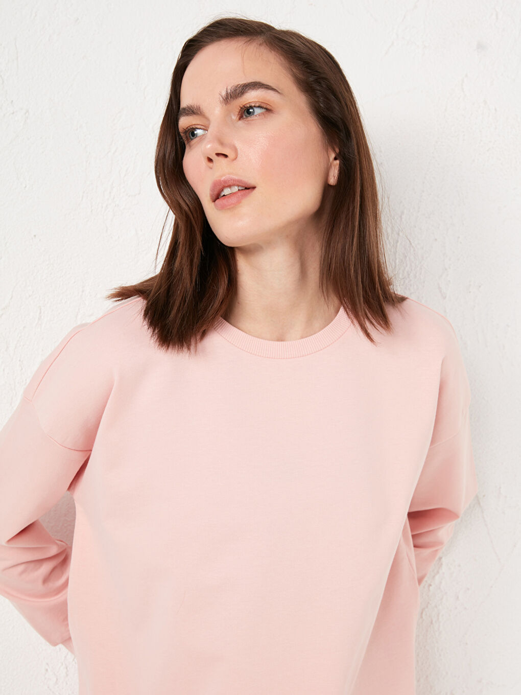 Pembe Bisiklet Yaka Düz Uzun Kollu Kadın Sweatshirt Tunik-3