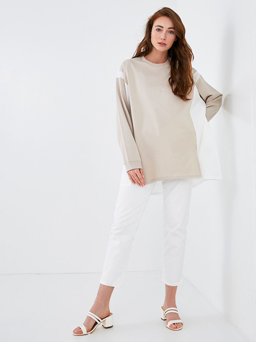 Crew Neck Long Sleeve Women's Sweatshirt Tunic with Color Block-2