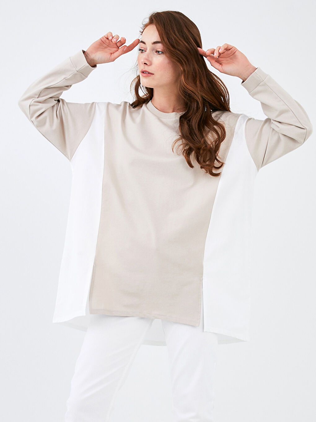 Crew Neck Long Sleeve Women's Sweatshirt Tunic with Color Block-5