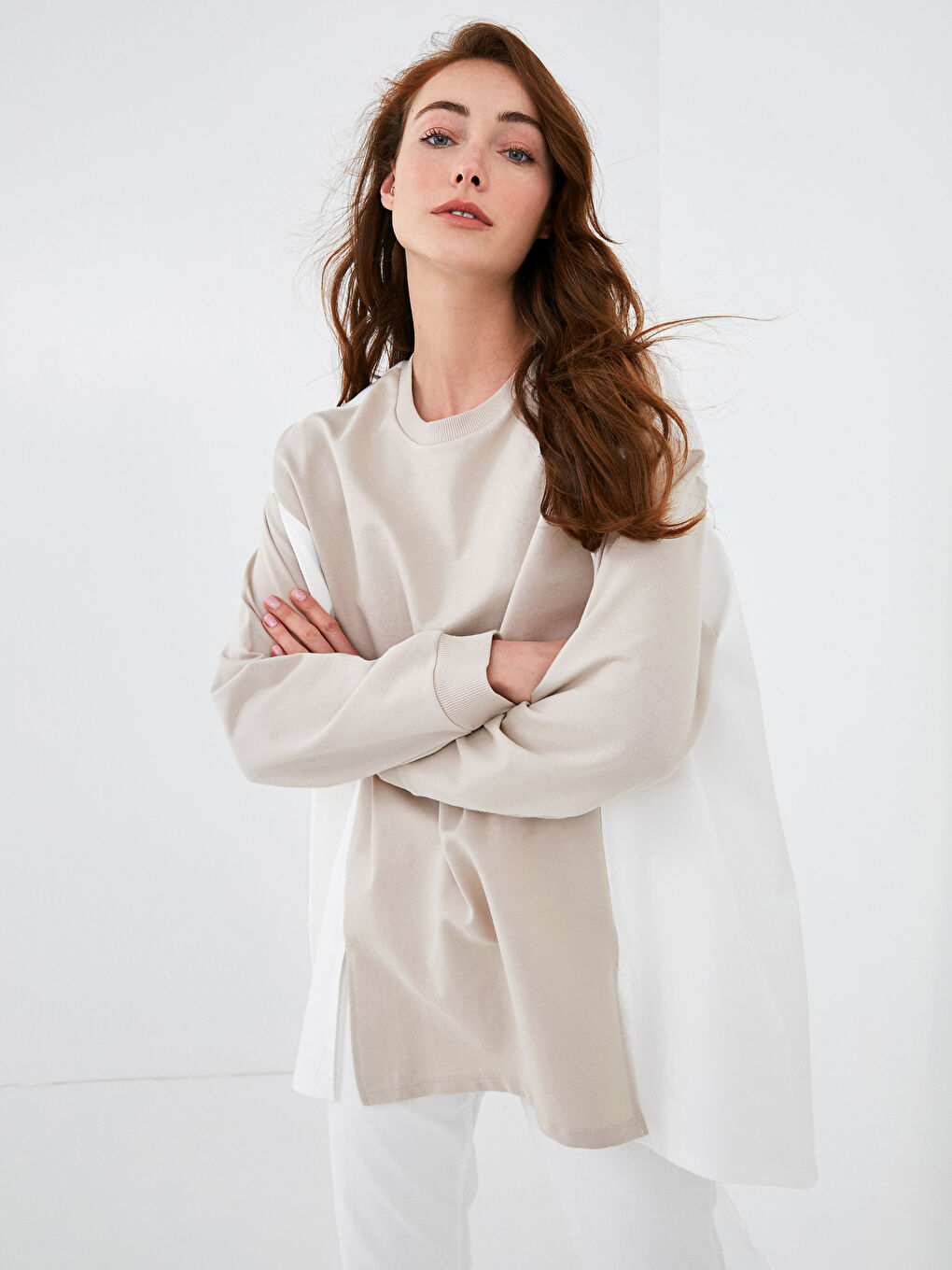 Crew Neck Long Sleeve Women's Sweatshirt Tunic with Color Block