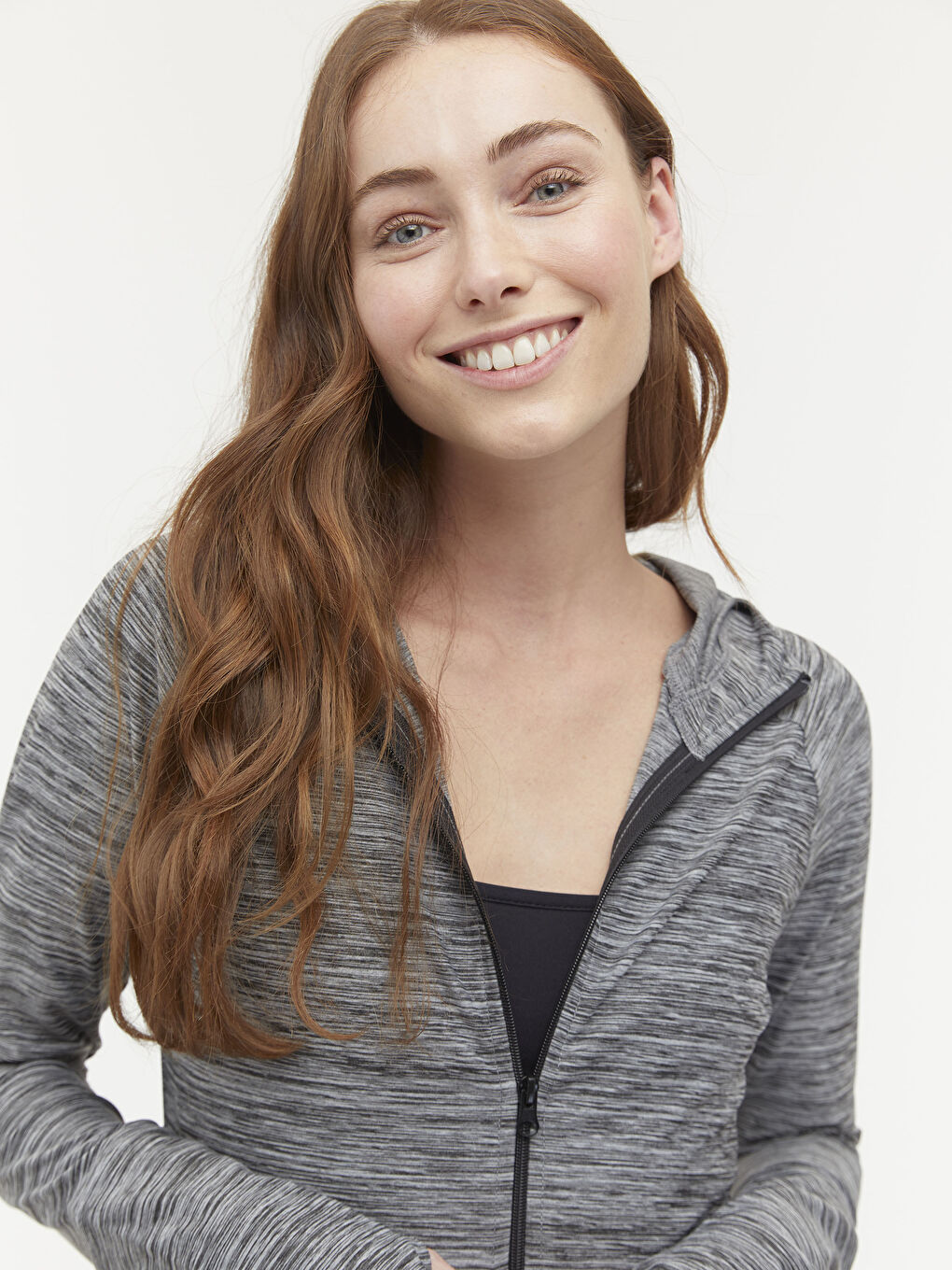 Gri Kapüşonlu Desenli Uzun Kollu Kadın Spor Hırka-3