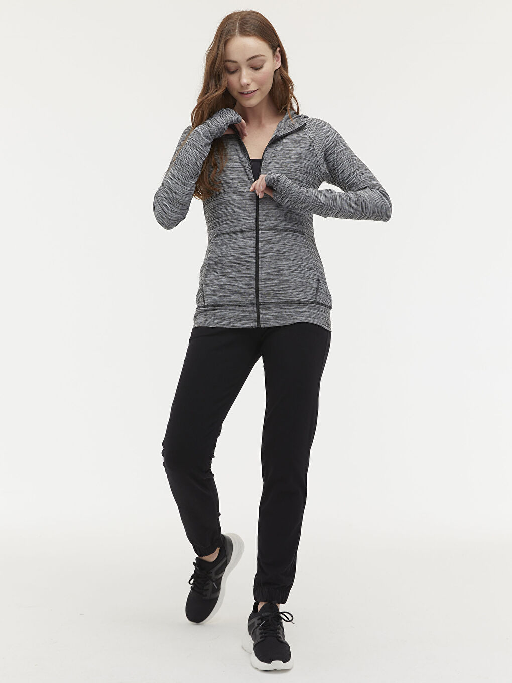 Gri Kapüşonlu Desenli Uzun Kollu Kadın Spor Hırka-5