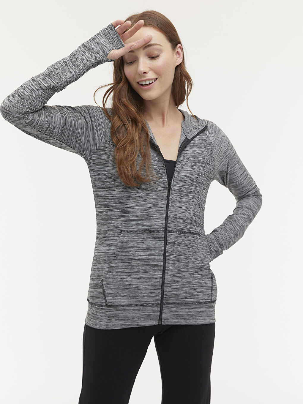 Gri Kapüşonlu Desenli Uzun Kollu Kadın Spor Hırka-7