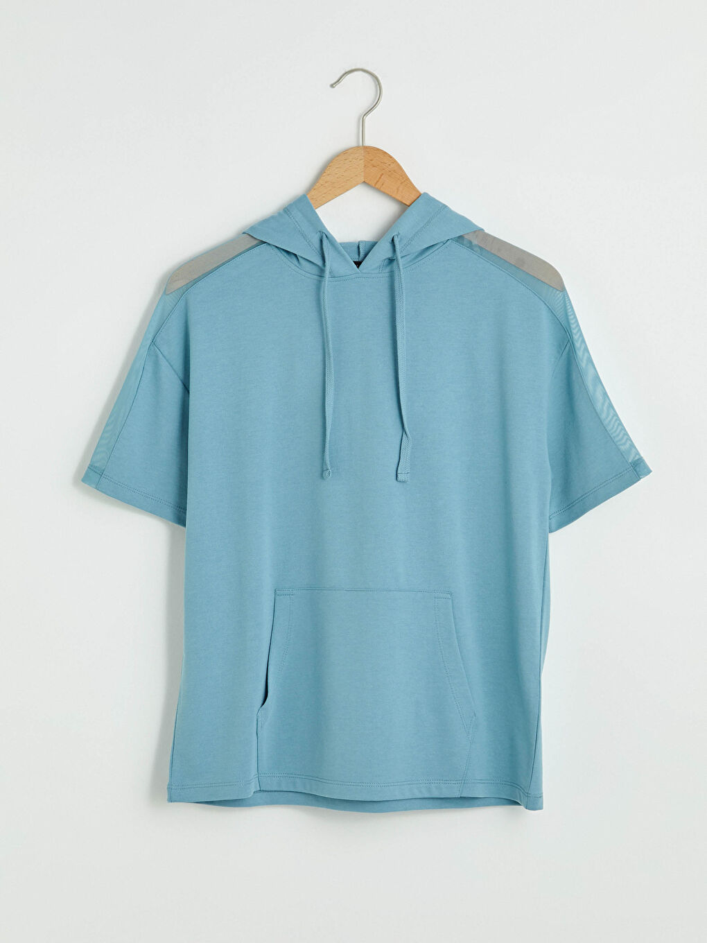 Mavi Kapüşonlu Düz Kısa Kollu Kadın Spor Tişört-5