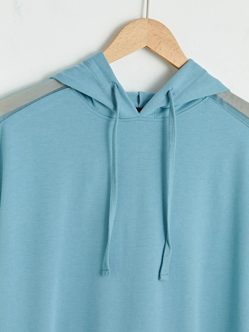 Mavi Kapüşonlu Düz Kısa Kollu Kadın Spor Tişört-7