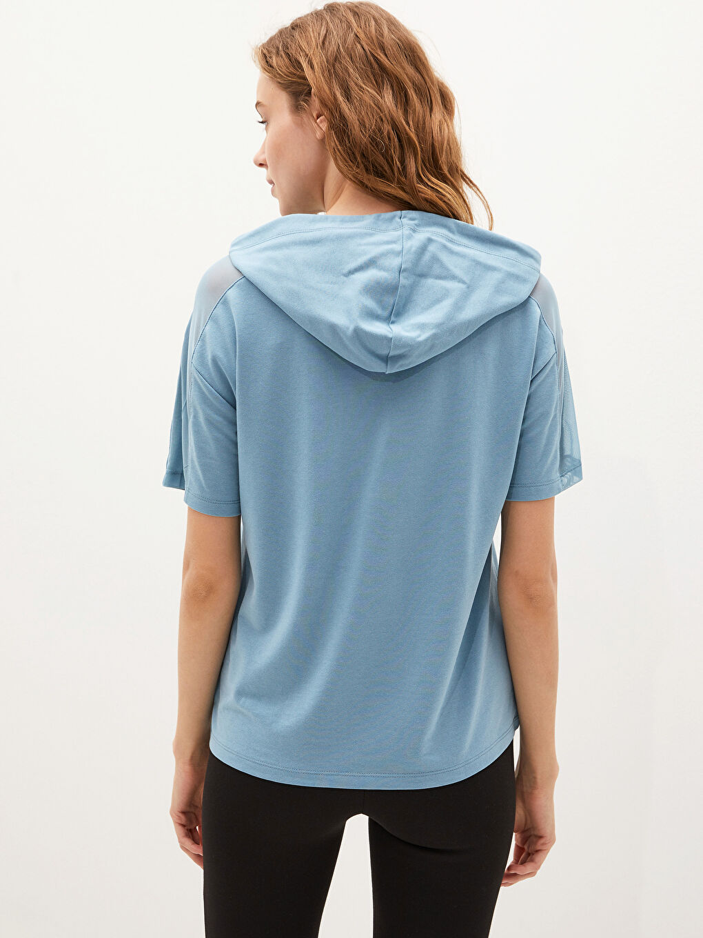 Mavi Kapüşonlu Düz Kısa Kollu Kadın Spor Tişört-3