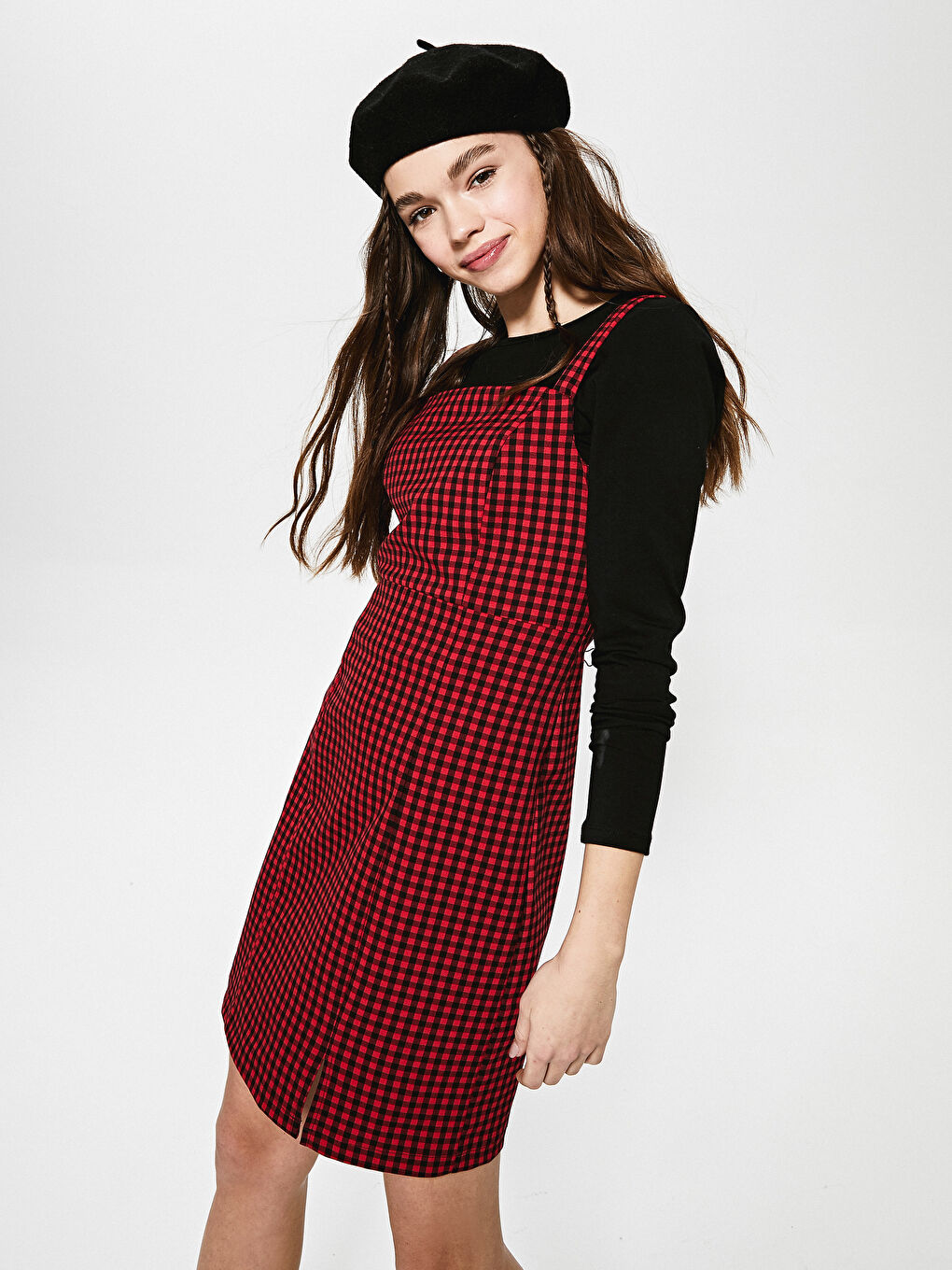 Kırmızı Ekose Salopet Elbise-1