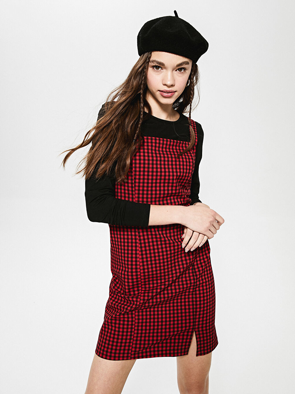 Kırmızı Ekose Salopet Elbise-2