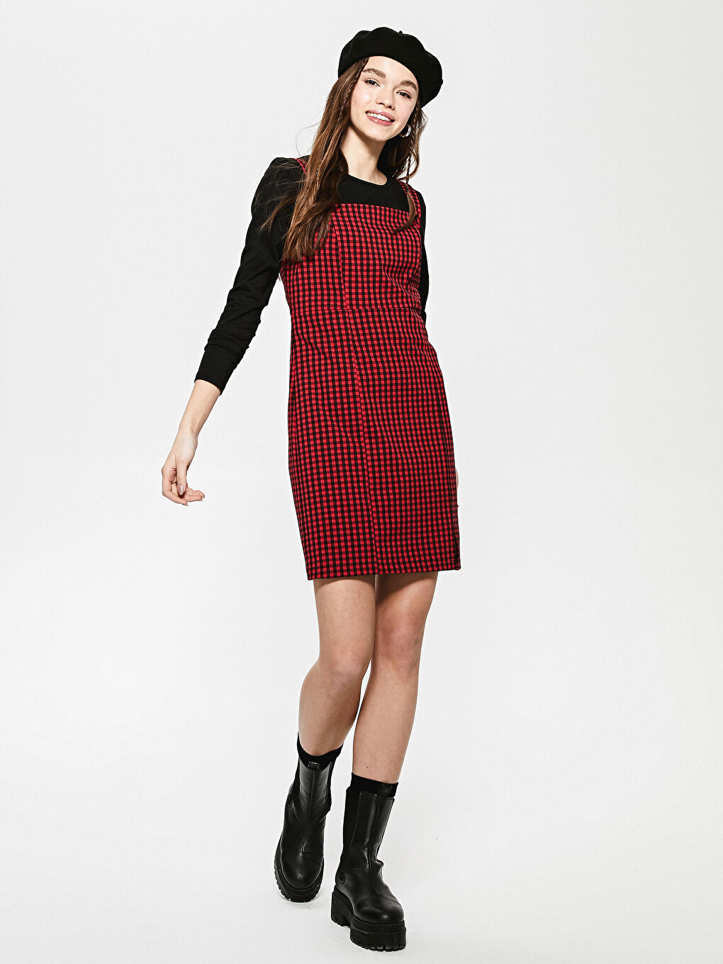 Kırmızı Ekose Salopet Elbise-3